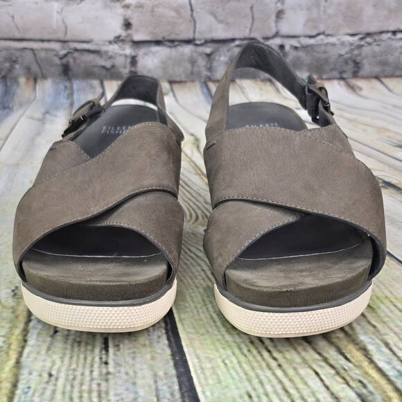 Eileen Fisher Wedge Sandals Women's Size 9 Gray Leather Ankle Strap Casual Comfy - Picture 4 of 8